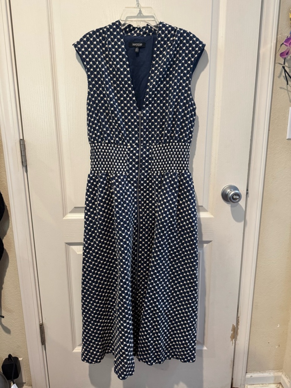 Kensie Navy and White Patterned Midi Fit-and-Flare Dress